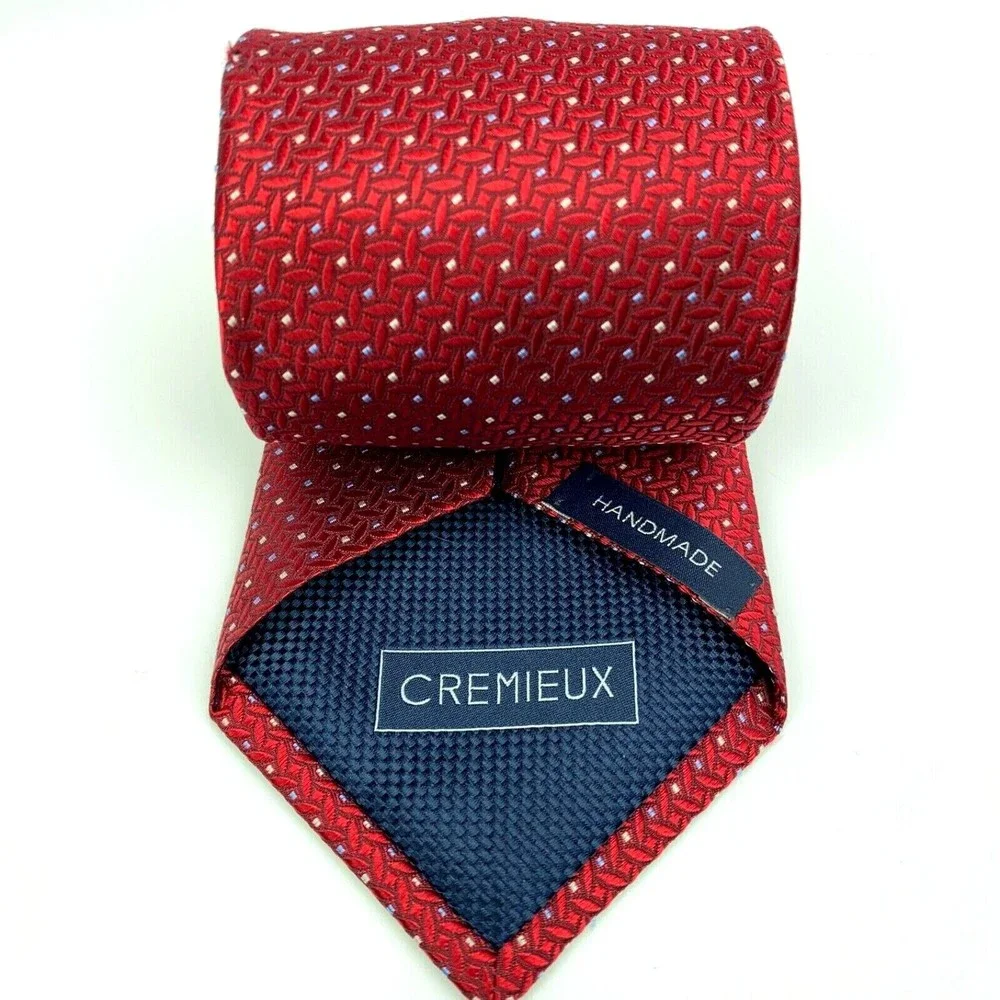 DANIEL CREMIEUX Tie Red 100% Silk Micro Squares Oval Geometric Men's Necktie 60
